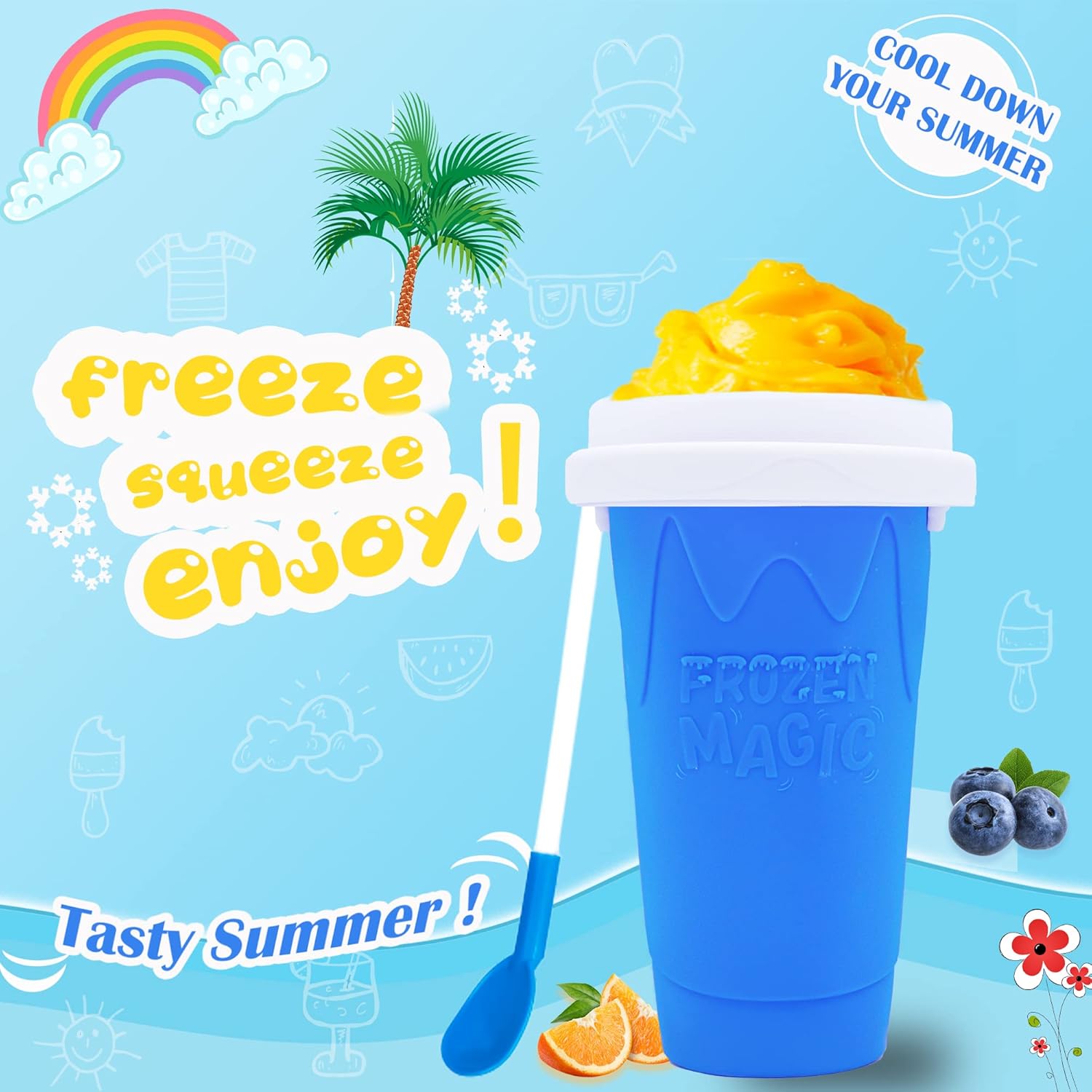 Magic Slushy Maker Squeeze Cup Slushie Maker, Homemade Milk Shake Maker Cooling Cup Squee DIY It for Everyone (Blue)