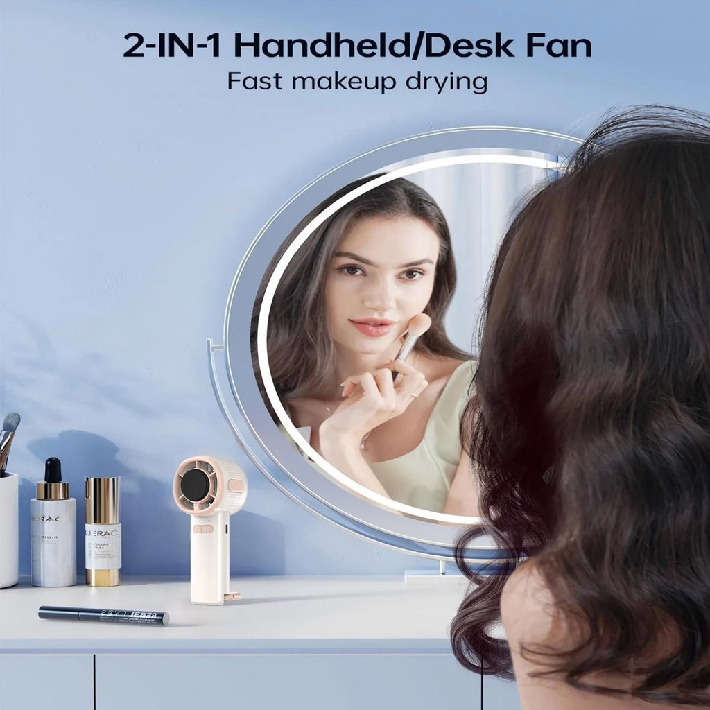 Mini Handheld Fan, Four Speeds Adjustable USB Rechargeable Fan, Portable Fan with Hook & Digital Display, Gifts for Makeup Stylish Girl Women Men Indoor/Outdoor Travel, White
