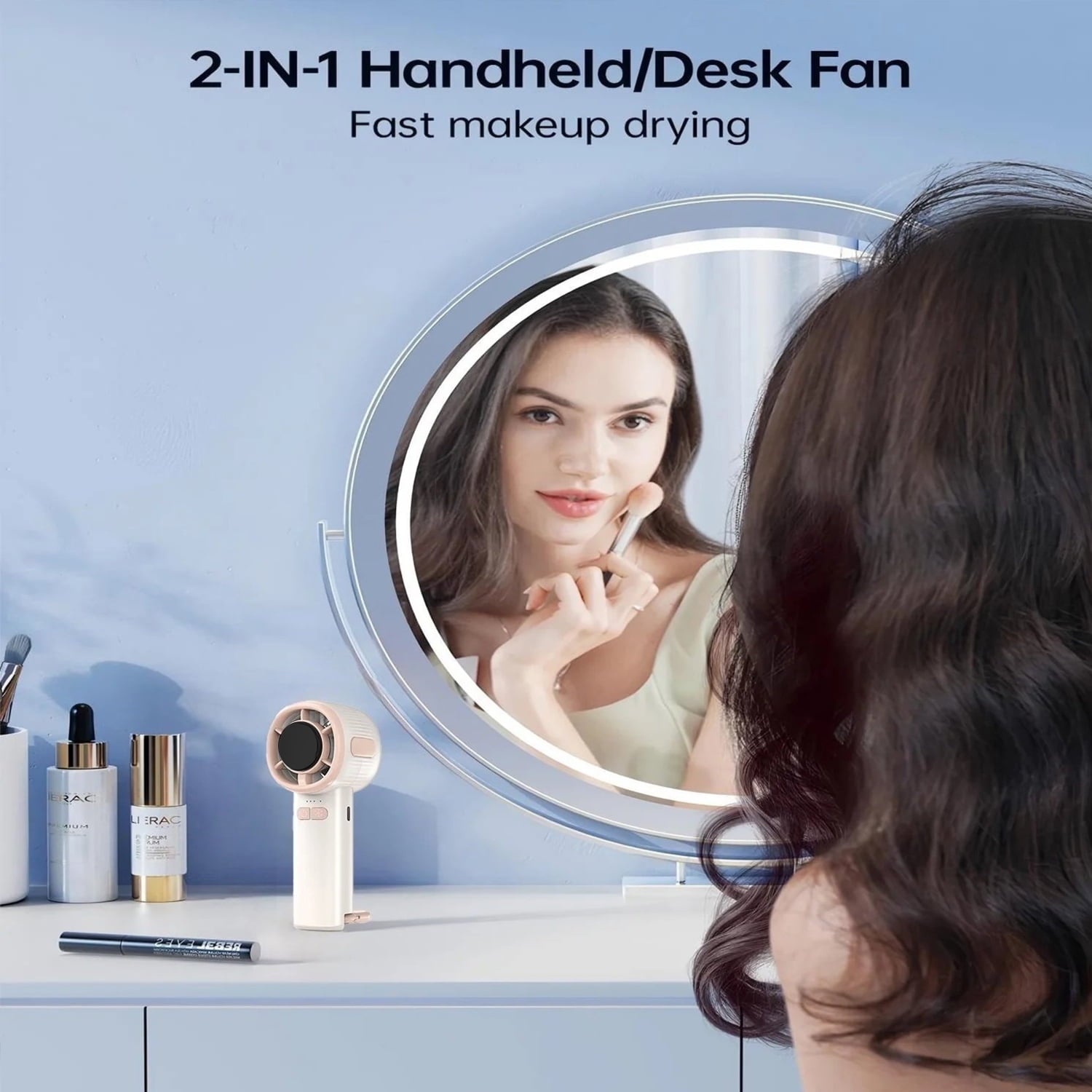 Mini Handheld Fan, Four Speeds Adjustable USB Rechargeable Fan, Portable Fan with Hook & Digital Display, Gifts for Makeup Stylish Girl Women Men Indoor/Outdoor Travel, White
