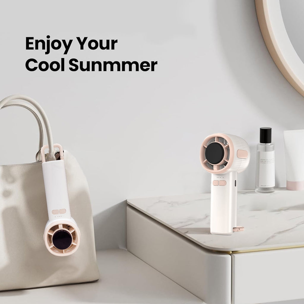 Mini Handheld Fan, Four Speeds Adjustable USB Rechargeable Fan, Portable Fan with Hook & Digital Display, Gifts for Makeup Stylish Girl Women Men Indoor/Outdoor Travel, White